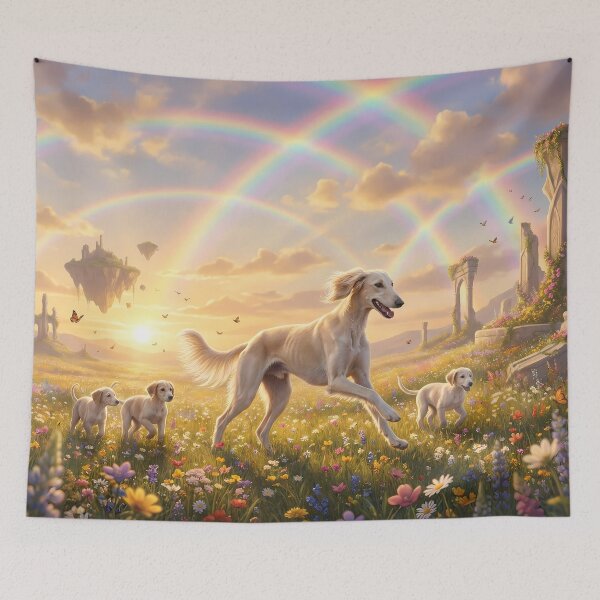 Item preview, Graceful Saluki Family Running in Rainbow Paradise Sunset designed and sold by PetMemorialArt.