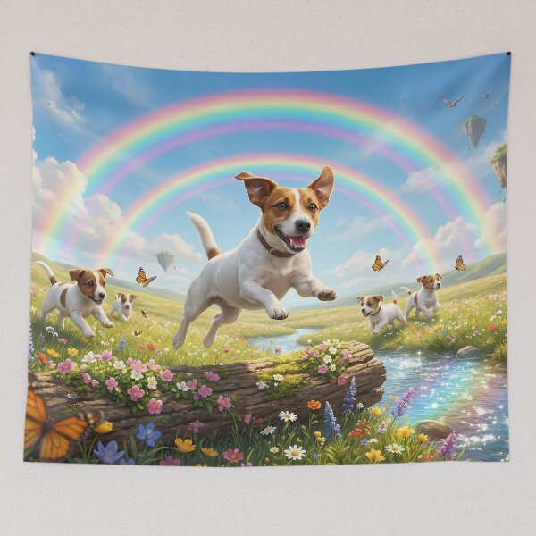 Item preview, Joyful Jack Russell Terrier Jumping in Rainbow Paradise designed and sold by PetMemorialArt.