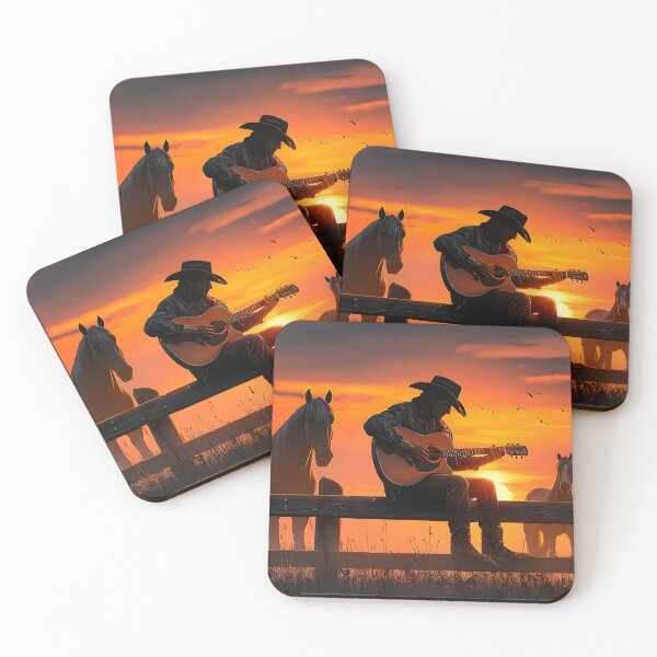 Item preview, Cowboy Playing Guitar at Sunset with Horses Nearby designed and sold by Artessie.