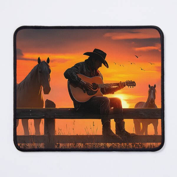 Item preview, Cowboy Playing Guitar at Sunset with Horses Nearby designed and sold by Artessie.