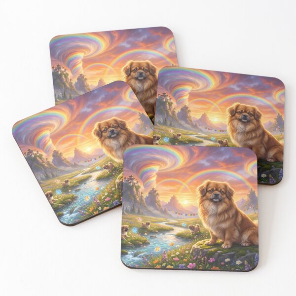 Item preview, Tibetan Spaniel Family in Spiritual Rainbow Paradise Sunset designed and sold by PetMemorialArt.
