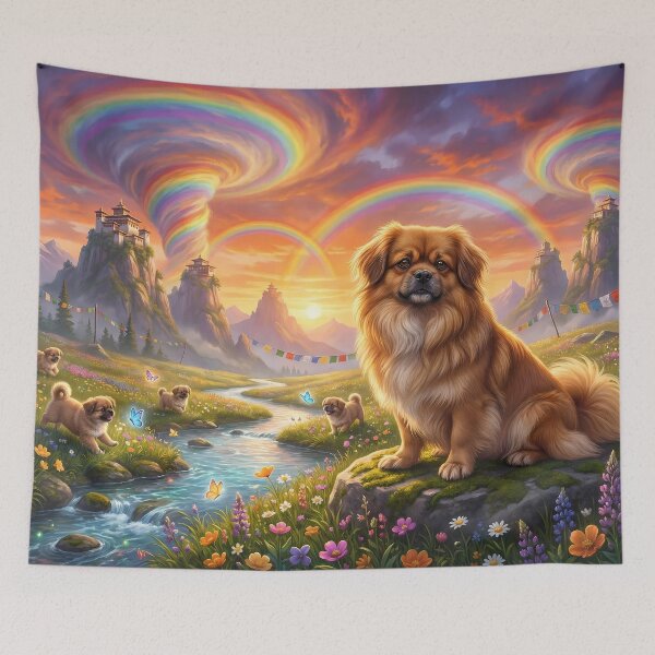 Item preview, Tibetan Spaniel Family in Spiritual Rainbow Paradise Sunset designed and sold by PetMemorialArt.