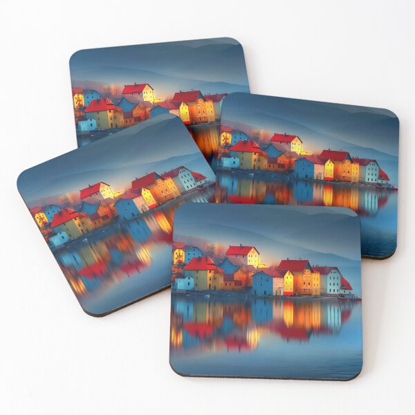 Item preview, Colorful Lakeside Village in Serene Reflection designed and sold by Artessie.