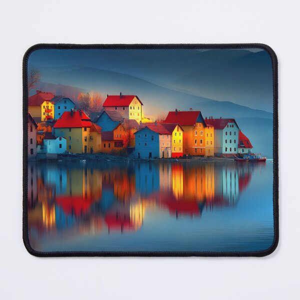 Item preview, Colorful Lakeside Village in Serene Reflection designed and sold by Artessie.