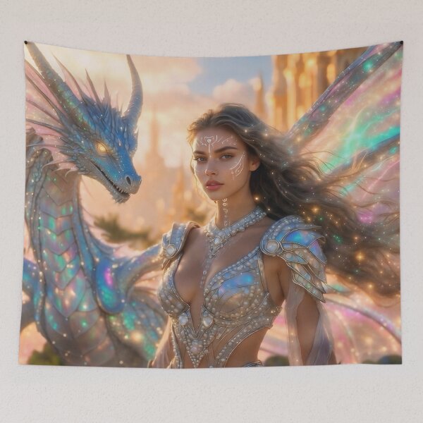 Item preview, Atlantis Sovereign Queen & Majestic Dragon – Pre-Sunken Golden Age Fantasy Art designed and sold by SunsetAngelsAI.