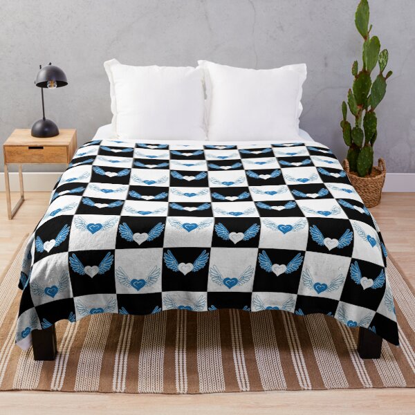 Item preview, Blue & White Hearts with Wings on Black & White Checkered Background designed and sold by Digitalmyth's Designs.