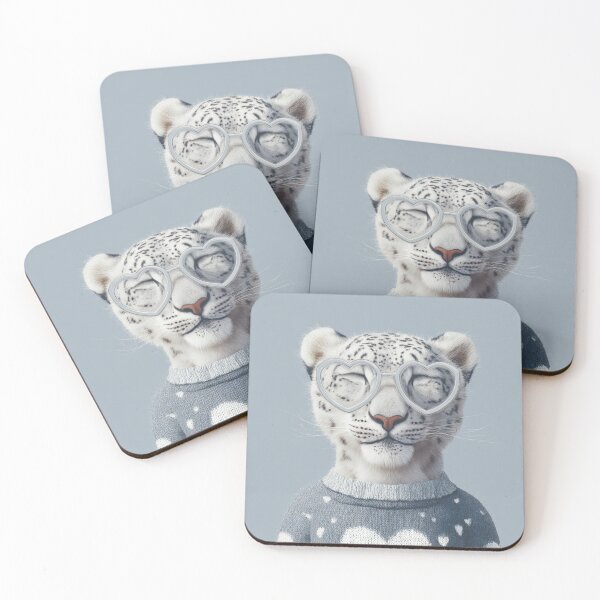 Item preview, Snow leopard in a sweater wearing heart glasses valentines day card designed and sold by MendaciousMina.