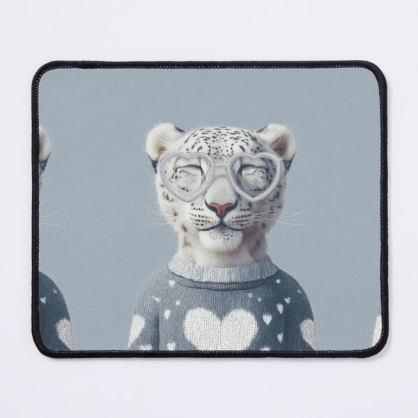 Item preview, Snow leopard in a sweater wearing heart glasses valentines day card designed and sold by MendaciousMina.