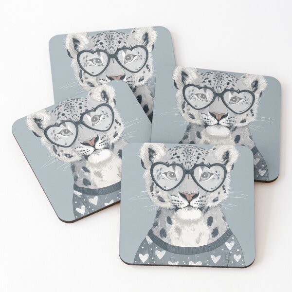 Item preview, Snow leopard in a sweater wearing heart glasses valentines day card designed and sold by MendaciousMina.