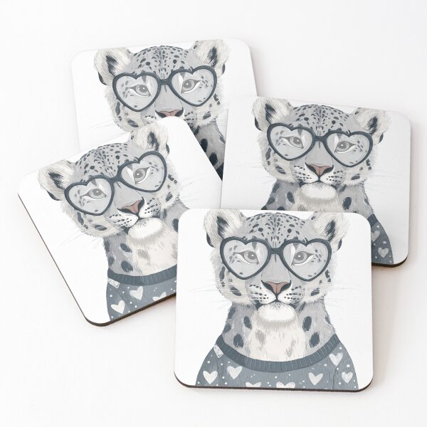Item preview, Snow leopard in a sweater wearing heart glasses valentines day card designed and sold by MendaciousMina.