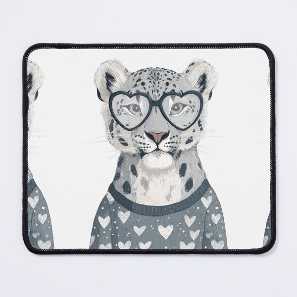 Item preview, Snow leopard in a sweater wearing heart glasses valentines day card designed and sold by MendaciousMina.