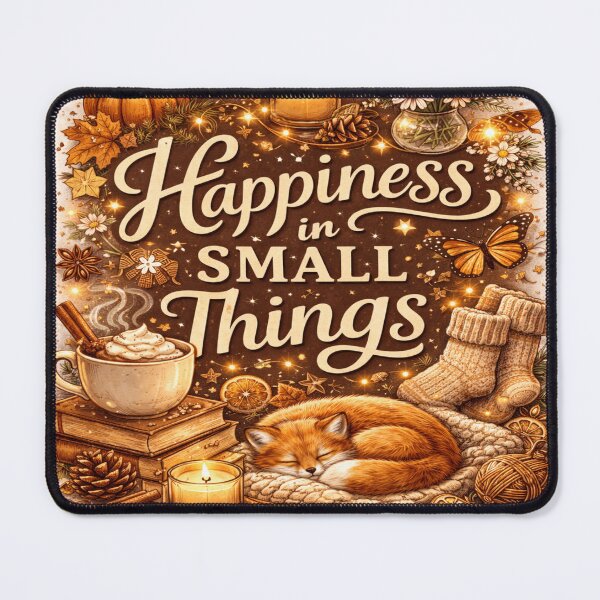 Item preview, Happiness in Small Things – Cozy Autumn Fox & Cocoa Inspirational Art Print designed and sold by Artflare Studio.