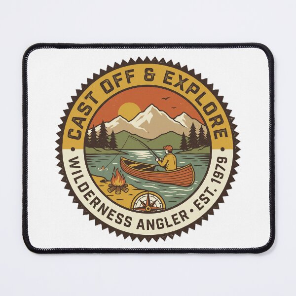 Item preview, Cast Off & Explore – Wilderness Angler Vintage Fishing Badge designed and sold by KERK Art and Design.