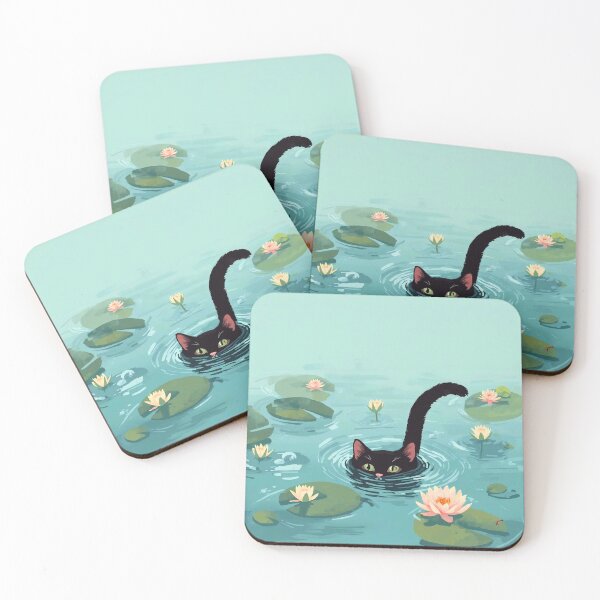 Item preview, Midnight Lagoon: Playful Black Cat and Water Lilies Art designed and sold by Cozyartsss.