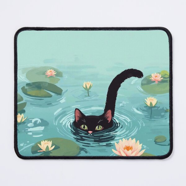 Item preview, Midnight Lagoon: Playful Black Cat and Water Lilies Art designed and sold by Cozyartsss.