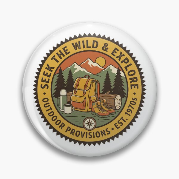 Item preview, Seek The Wild & Explore – Vintage Outdoor Provisions Hiking Badge designed and sold by KERK Art and Design.