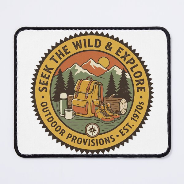 Item preview, Seek The Wild & Explore – Vintage Outdoor Provisions Hiking Badge designed and sold by KERK Art and Design.