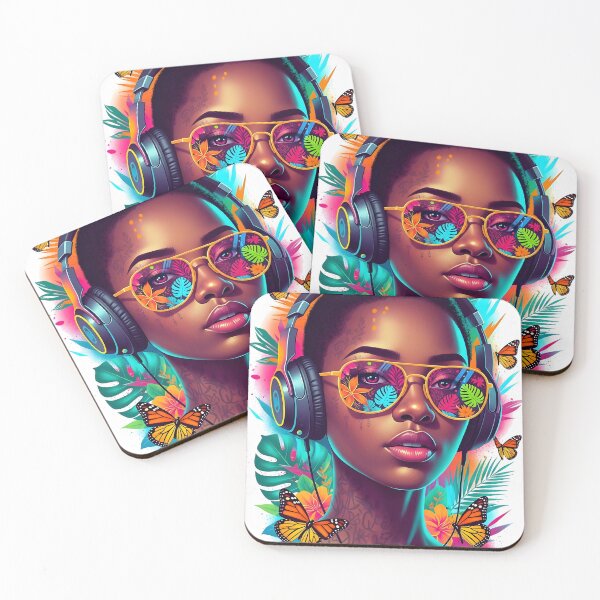 Item preview, Afro Futuristic Woman with Headphones – Neon Nature Portrait designed and sold by R-B-Colors.