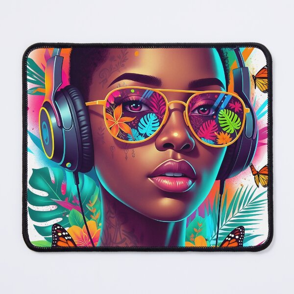 Item preview, Afro Futuristic Woman with Headphones – Neon Nature Portrait designed and sold by R-B-Colors.