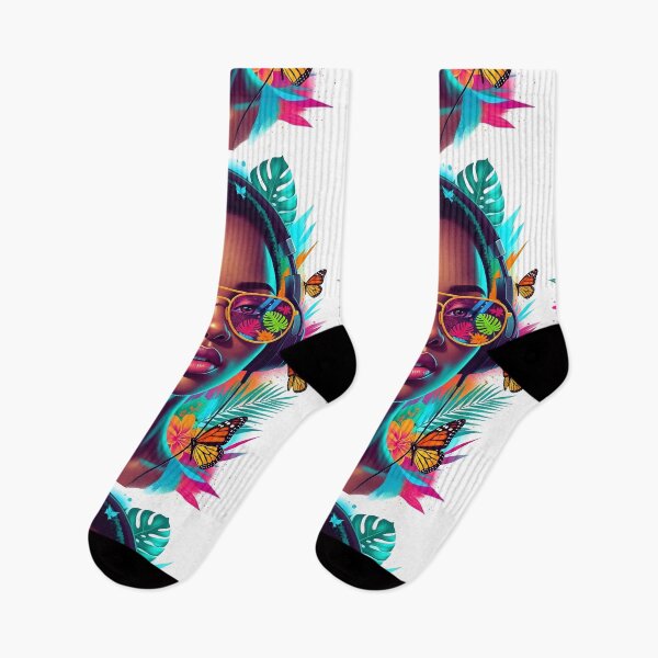 Item preview, Afro Futuristic Woman with Headphones – Neon Nature Portrait designed and sold by R-B-Colors.