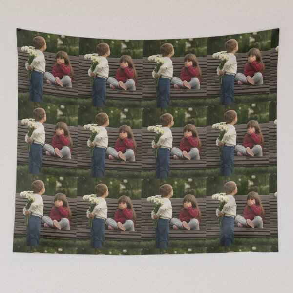 Item preview, Charming Childhood: Sweet Moment of a Boy Giving Flowers to a Girl on a Park Bench designed and sold by PixelVibe782.
