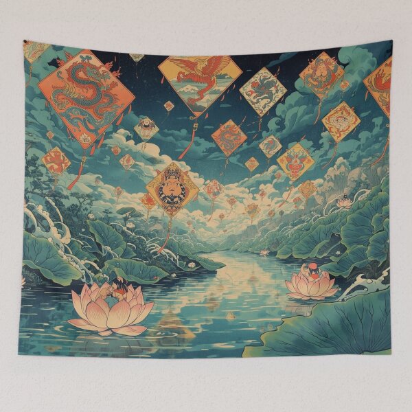 Item preview, Surreal Ukiyo‑e Kite Festival With Mythical Creatures Fantasy Art designed and sold by Vandy Fullam.