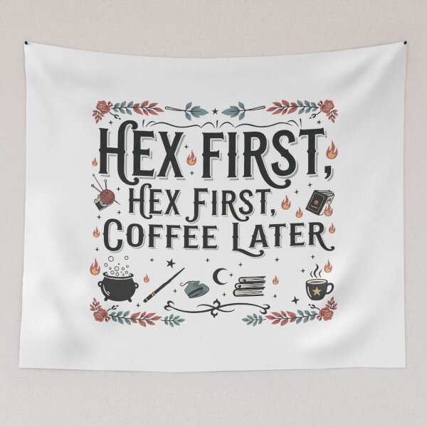 Item preview, Whimsical Hex First Coffee Later Witchy Art designed and sold by Silent Watch Threads..