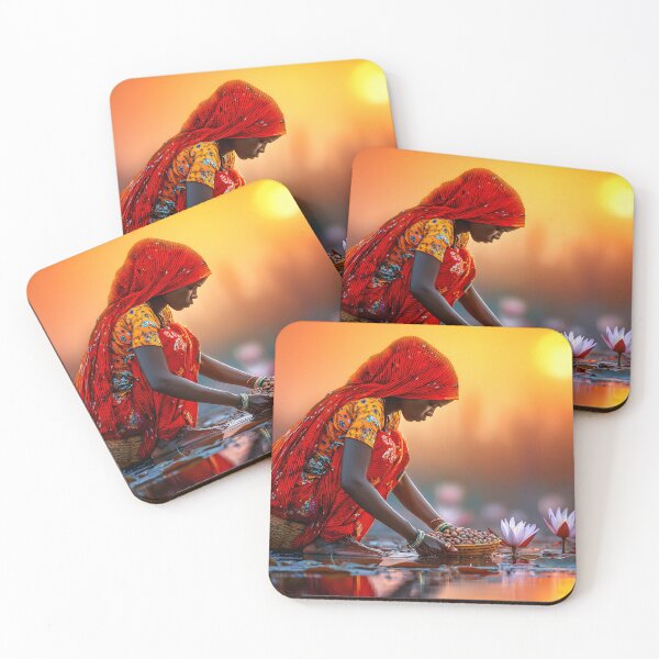 Item preview, Woman Harvesting Lotus Flowers at Sunset Glow designed and sold by Artessie.