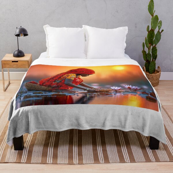 Item preview, Woman Harvesting Lotus Flowers at Sunset Glow designed and sold by Artessie.