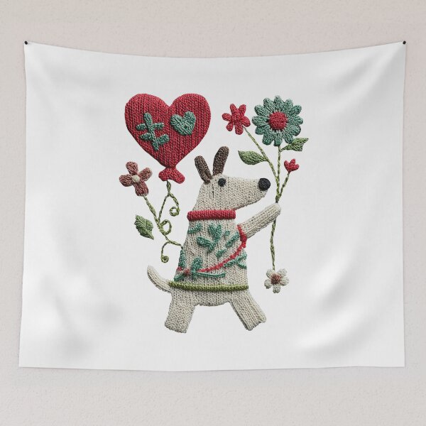 Item preview, Cute knitted dog with flowers and heart Valentine art designed and sold by olenapetol.