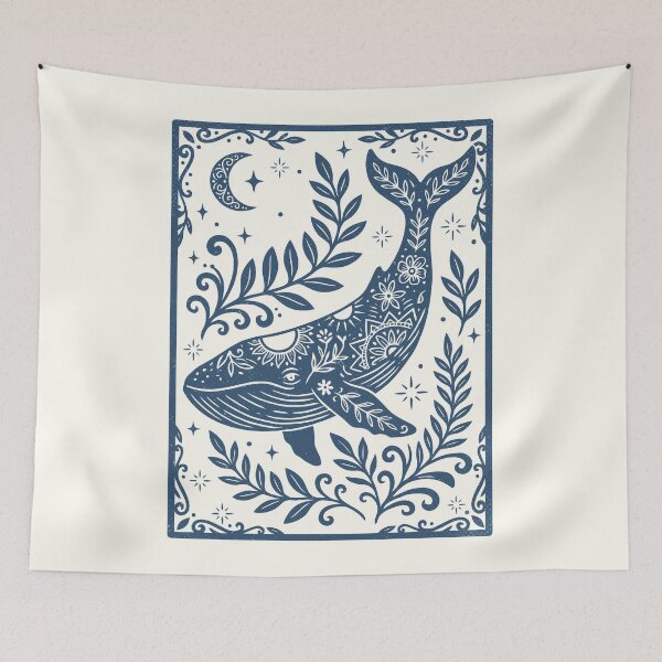 Item preview, Floral Blue Whale Folk Art Retro Nautical designed and sold by Y-Vibes.