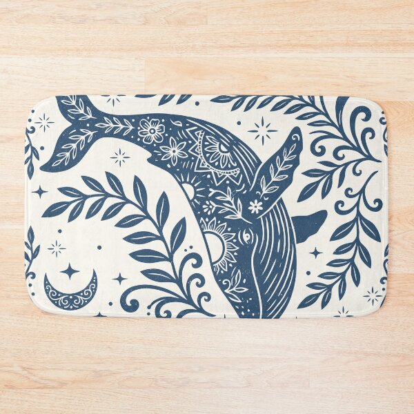Item preview, Floral Blue Whale Folk Art Retro Nautical designed and sold by Y-Vibes.