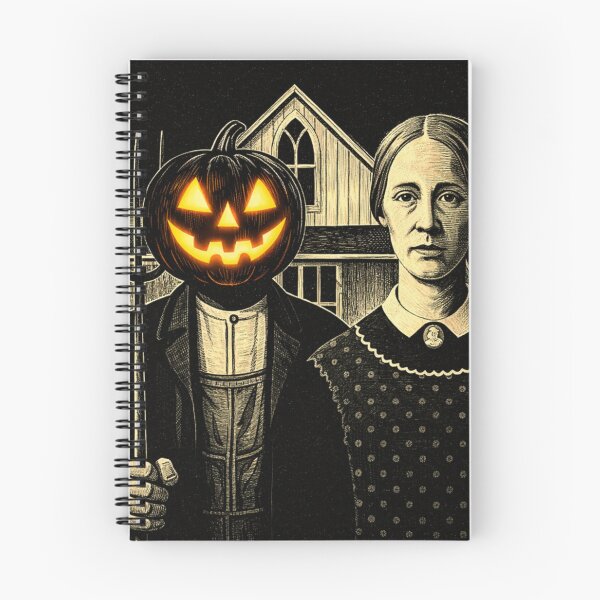 Item preview, Headless Horseman American Gothic Parody Scratchboard Art — Vintage Halloween Illustration designed and sold by TheHorsemanRidesAgain.