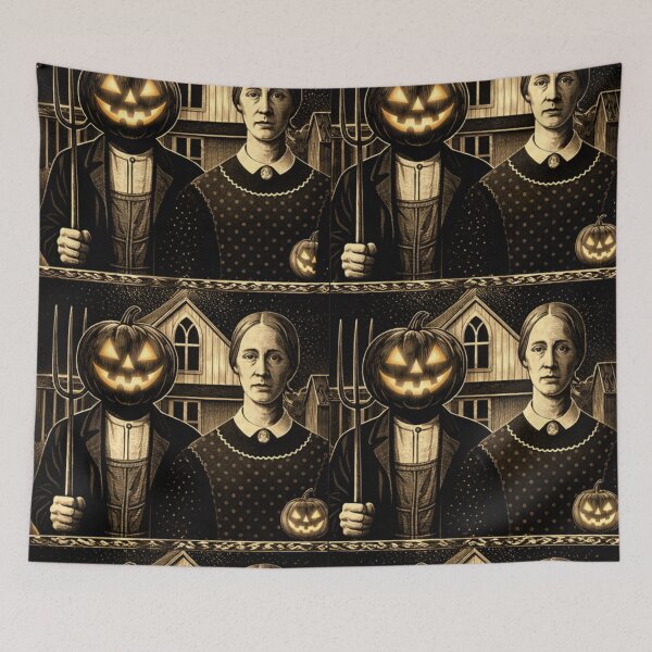 Item preview, Headless Horseman American Gothic Parody Scratchboard Art — Vintage Halloween Illustration designed and sold by TheHorsemanRidesAgain.