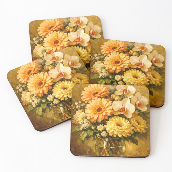 Item preview, Vintage Floral Oil Painting Art - Golden Gerbera Daisies and White Orchids Bouquet designed and sold by Art Lea.