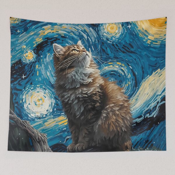 Item preview, Cat in the nigth with star and bats, impressionism, famous painting, Starry Night Style Van Gogh painting Cat Lover designed and sold by Collagedream.
