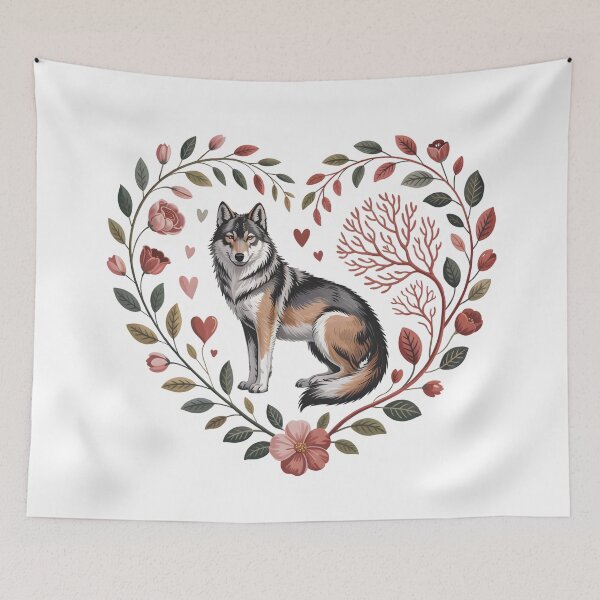 Item preview, Wild at Heart – Romantic Wolf in Floral Heart Illustration designed and sold by SoftStyleStudio ⭐⭐⭐.