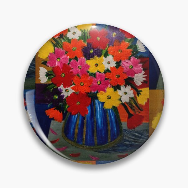 Item preview, Vibrant Cosmos and Wildflowers in Blue Striped Vase - Acrylic designed and sold by kkartwork.