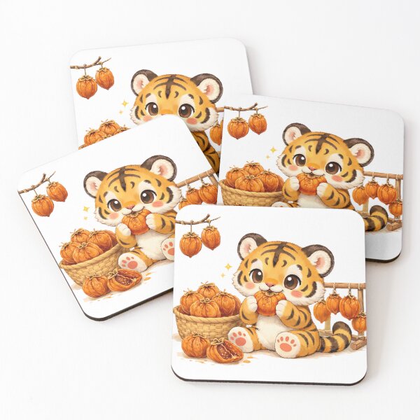 Item preview, Cute Tiger Cub with Dried Persimmons – Cozy Kawaii Illustration designed and sold by happydog379.