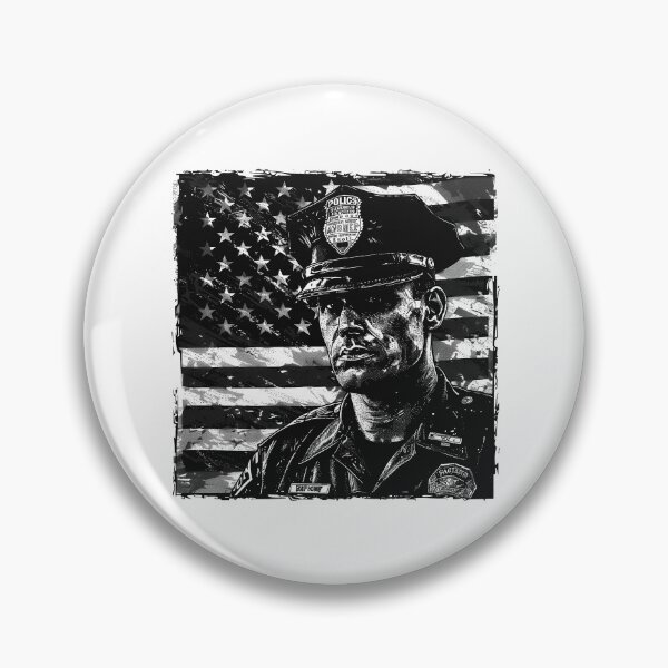 Item preview, Gritty Police Officer Portrait with American Flag – Patriotic Black and White Art designed and sold by inkoutninja.