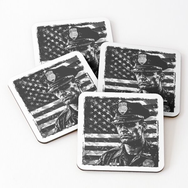 Item preview, Gritty Police Officer Portrait with American Flag – Patriotic Black and White Art designed and sold by inkoutninja.