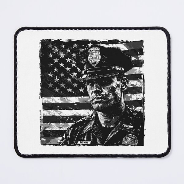 Item preview, Gritty Police Officer Portrait with American Flag – Patriotic Black and White Art designed and sold by inkoutninja.