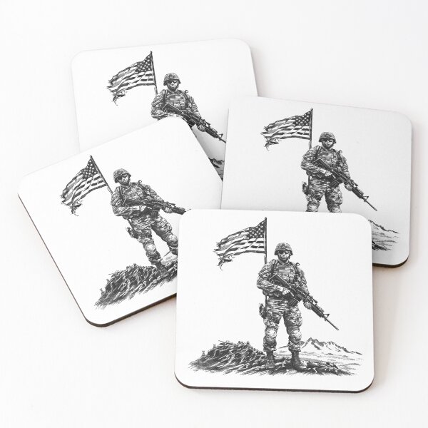 Item preview, American Soldier with Tattered Flag – Patriotic Military Illustration designed and sold by inkoutninja.