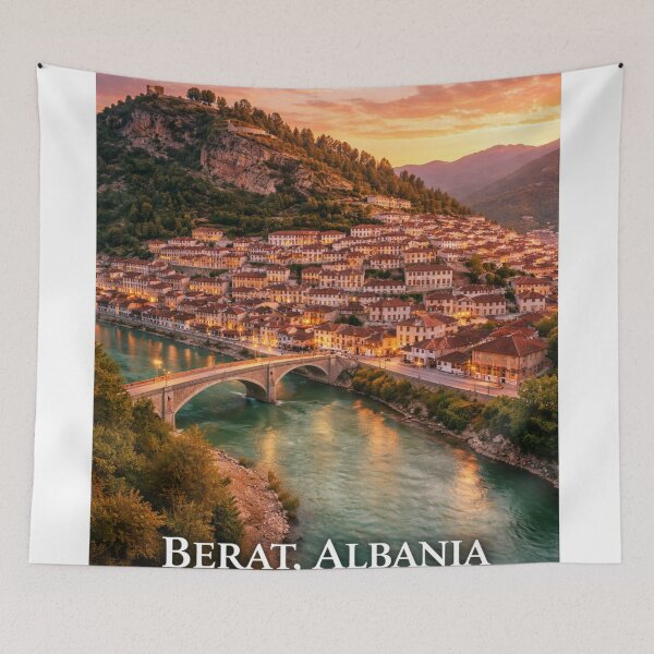 Item preview, Berat Albania Sunset – City of a Thousand Windows designed and sold by Lunara Glow.