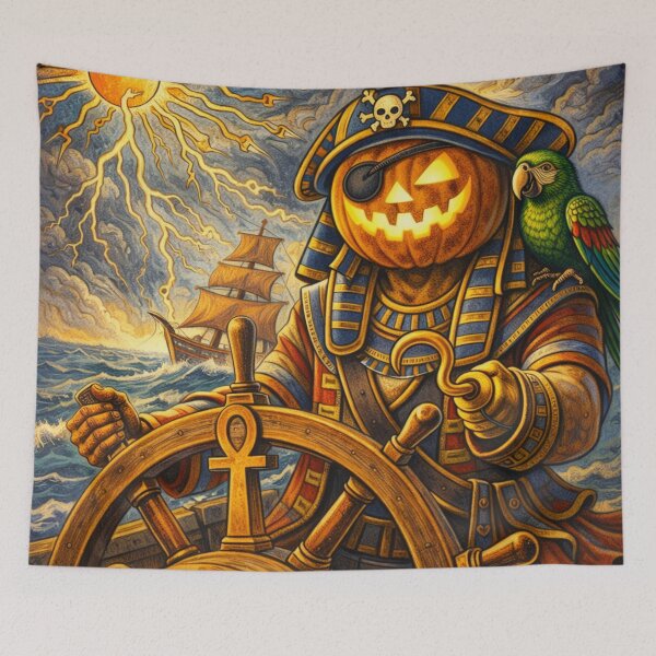 Item preview, Headless Horseman Sunlit Pirate Pharaoh at the Helm – Mythic Nautical Fantasy Art designed and sold by TheHorsemanRidesAgain.