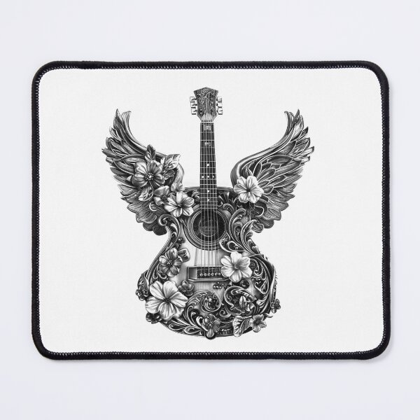 Item preview, Floral Winged Guitar – Ornate Black and White Music Illustration designed and sold by inkoutninja.