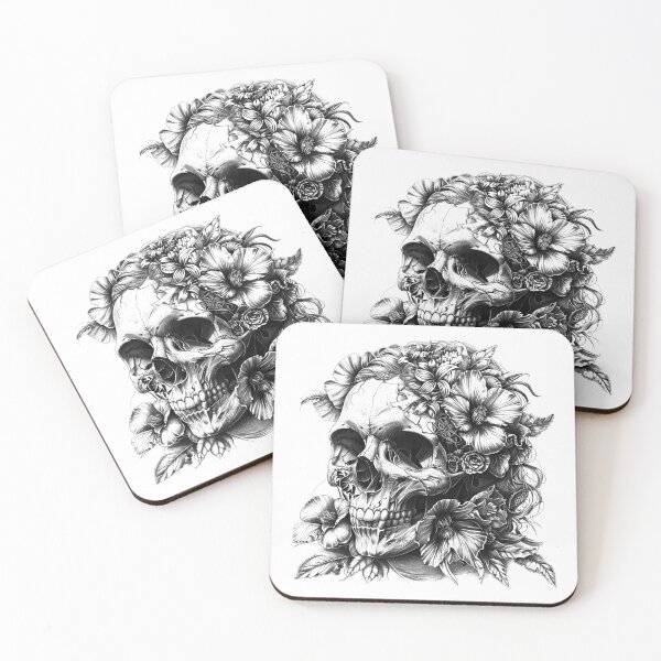 Item preview, Floral Skull Illustration – Gothic Black and White Art with Flowers designed and sold by inkoutninja.
