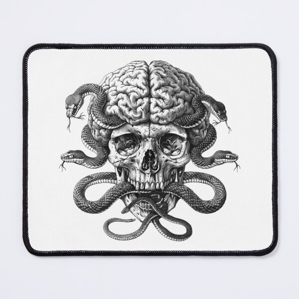 Item preview, Skull, Brain, and Snakes – Dark Surreal Black and White Illustration designed and sold by inkoutninja.