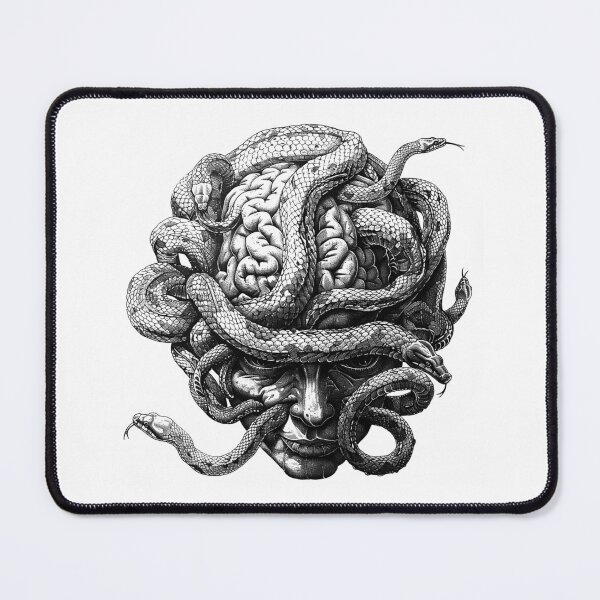 Item preview, Medusa Mind – Surreal Brain and Snakes Illustration in Black and White designed and sold by inkoutninja.