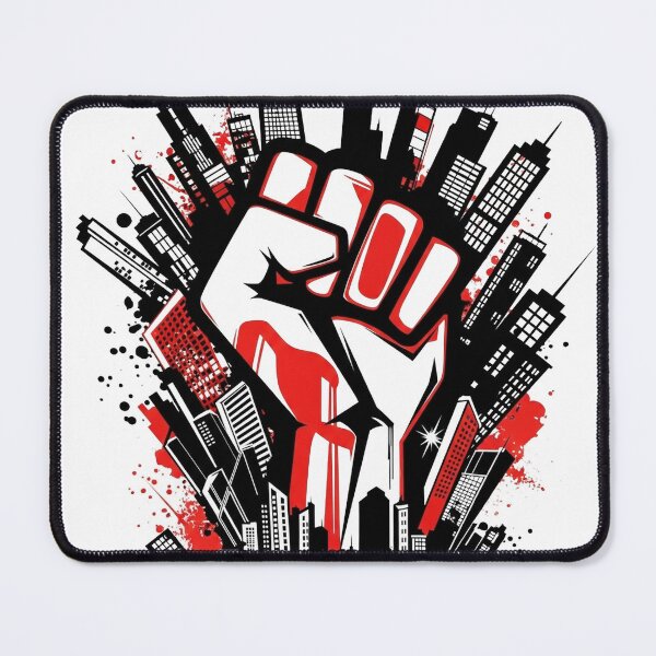 Item preview, Cityscape in the shape of a fist, with bold red and black hues, against a dark, gritty urban background. designed and sold by VerizalShop.